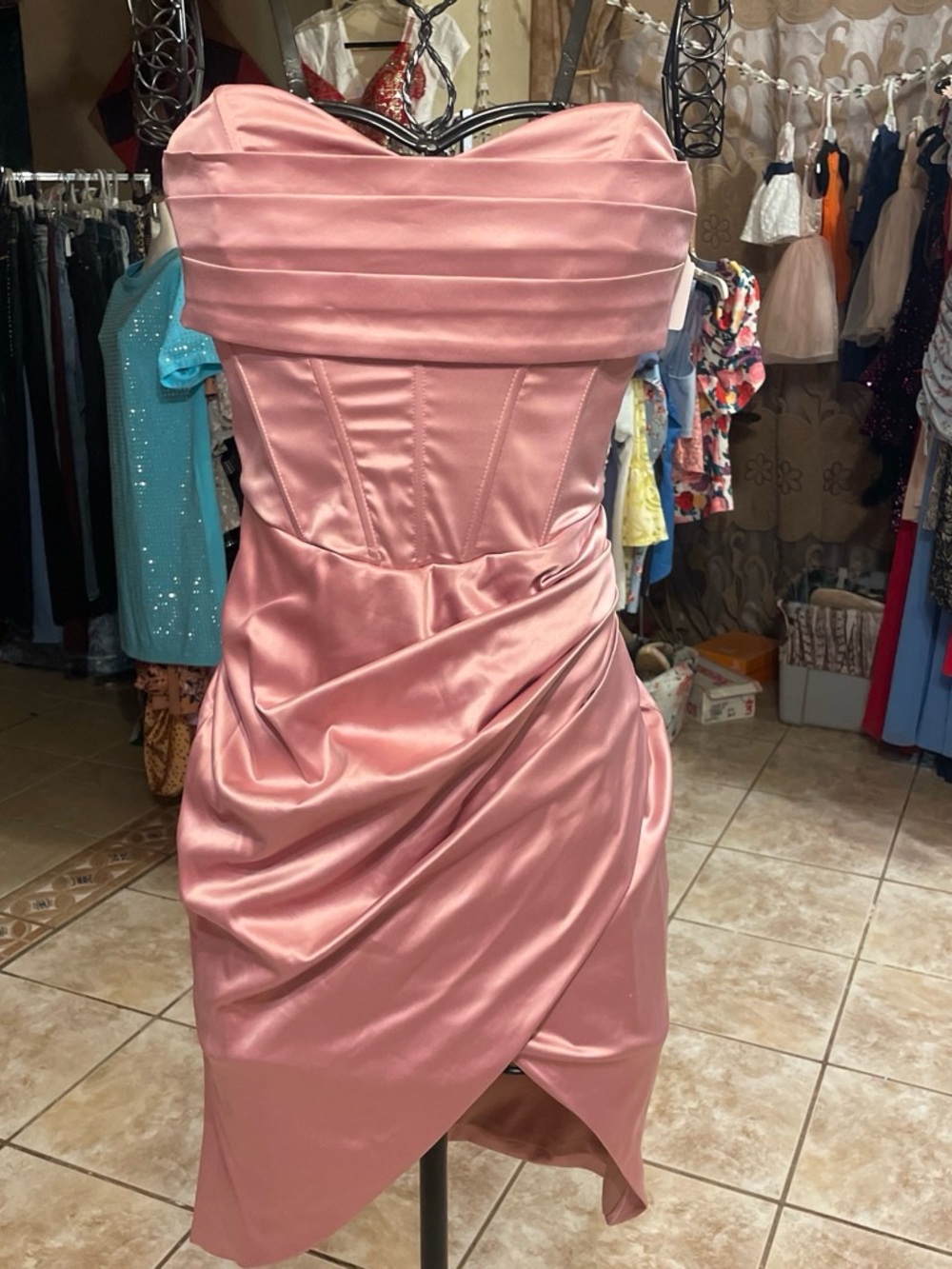 Strapless Satin Corset Wrap Midi Dress - Blush Pink